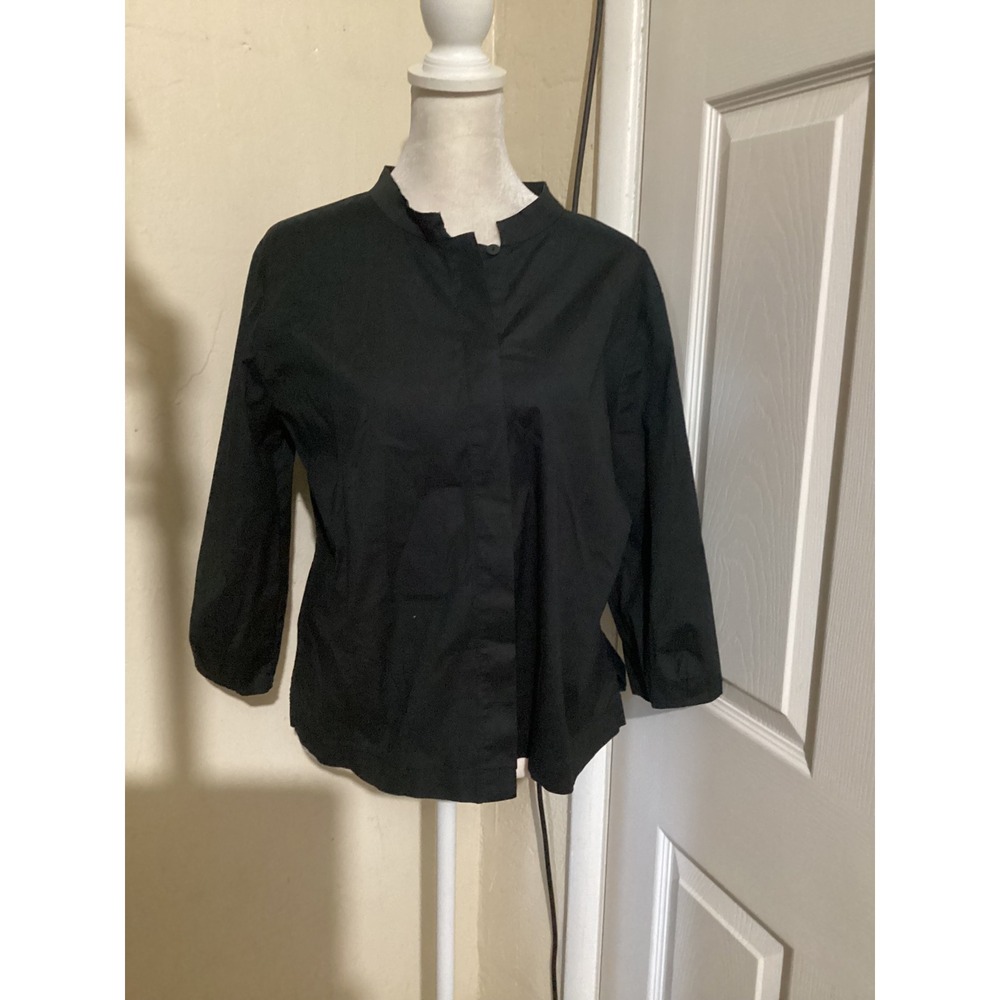 Eileen Fisher Black Mandarin Collar Hidden Button Down Shirt Cotton Stretch Sz M